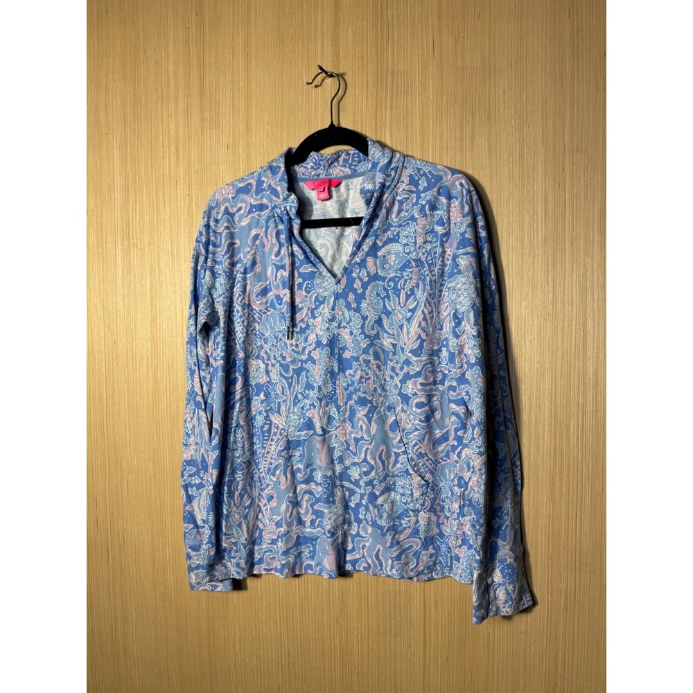 Lilly Pulitzer Cassi Large Blue Sea Turtle Seahorse Cotton Skipper Popover Top